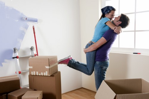 Packed office items ready for transport during a commercial move
